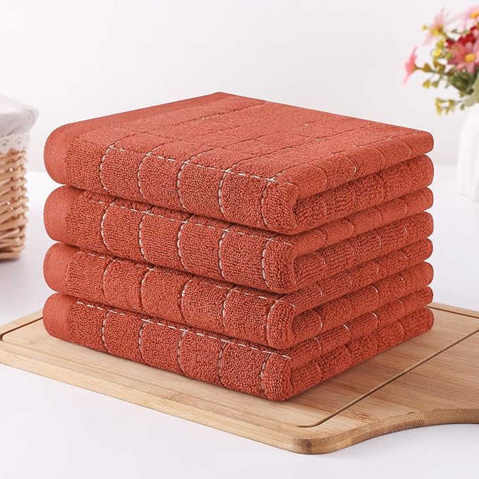 Homaxy 100% Cotton Terry Kitchen Towels(Rust, 13 x 28 inches), Checkered Designed, Soft and Super Absorbent Dish Towels, 4 Pack