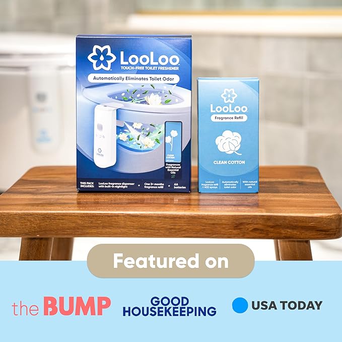 Loo Loo Touch Free Toilet Freshener Refills, Natural Essential Oils – Toilet Smell Eliminator, Bathroom Deodorizer, Air Freshener Spray for Bathroom, Clean Cotton Fragrance, 2.0 Fl Oz