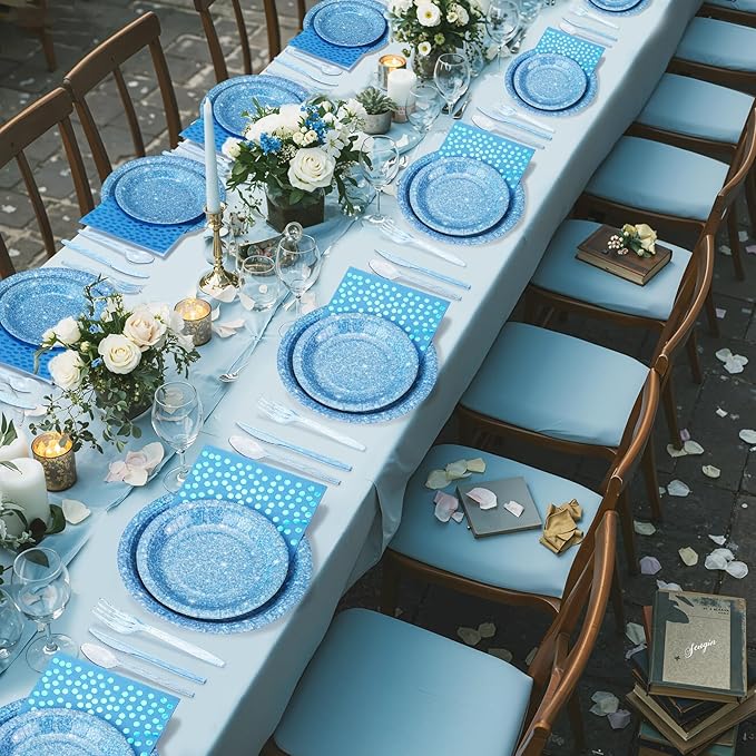 Hushee 350 Pcs Light Blue Holographic Print Party Supplies Guests Disposable Dinnerware Set Include Paper Plates, Napkins, Cups, Plastic Cutlery for Wedding Birthday Disco Bachelorette