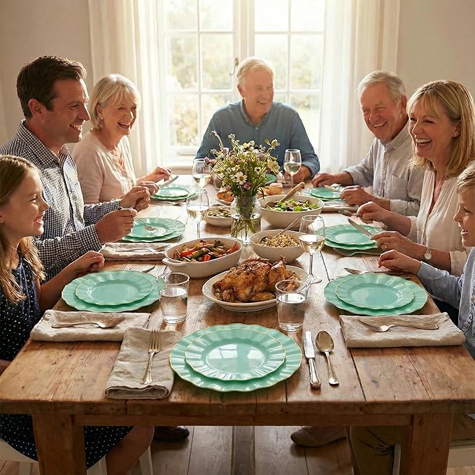 60Pcs Sage Green Plastic Plates, Ware Sage Green Disposable Plates with Gold Rim, Fancy Plastic Plate Include 30 Dinner & Dessert Plate for Easter Spring Wedding