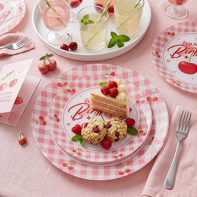 Liacere 32PCS Cherry Birthday Party Plastic Plates for 16 Guests - Includes 10 Inch Dinner and 7 Inch Dessert Disposable Plates - Red Gingham & Cherry Pattern - Ideal for Birthday Party