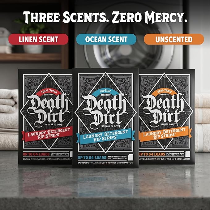 Death to Dirt Laundry Detergent Sheets, 192 Loads, Tough on Stains and Odors, Gentle on Skin and Fabric, Plant-Based & Eco-Friendly, Zero Trace Unscented, 32ct (3 Pack)