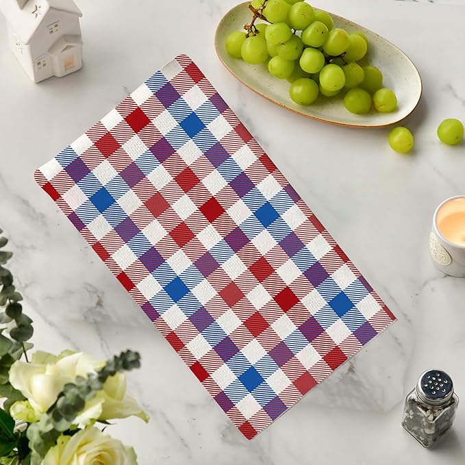 4th of July Buffalo Plaid Kitchen Towels Farmhouse Blue Red Gingham Dish Towel Pastel Memorial Day Checkered Decor Patriotic Decorations for Home Party