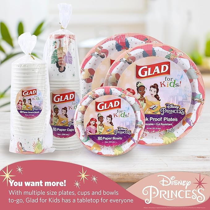 Glad for Kids Disney Princess Disposable Paper Plates, Magic is in All of Us Design - Heavy Duty, Soak-Proof, Microwavable Kid-Friendly Plates for Everyday Meals, 8.5 inch, 24 Count