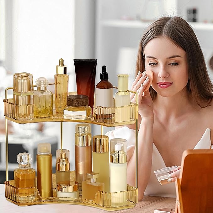 Corner Bathroom Counter Organizer Bathroom Countertop Shelf Makeup Organizer for Vanity Perfume Tray for Corner Storage (2 Tiers, Gold)