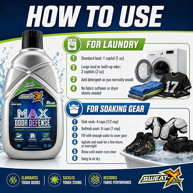 SWEAT X Max Odor Defense Laundry Detergent Liquid - Natural Washing Detergent for Activewear & Gym Clothes - Laundry Detergent for Sensitive Skin - Concentrated Detergent, 45 Loads/Bottle (4 Bottles)