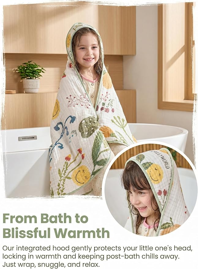 SMILEYWORLD Kids Hooded Beach Towels Poncho, 45" x 45" Large Oversized Bath Towels, 100% Cotton Toddlers Swimming Pool Towels, Absorbent Six-Layer Gauze Quick Dry Wrap for Boys Girls (Jungle Pattern)