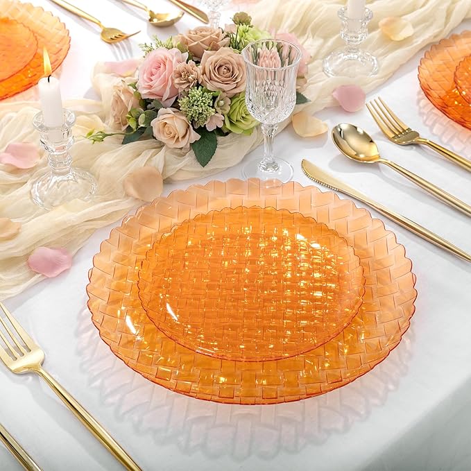 Festiva 60PCS Clear Orange Plastic Plates - Heavy Duty Weave Pattern Fancy Disposable Plates -serve for 30 guests Include 30PCS 10" & 30PCS 7" Plates for Birthday & Easter Party(Orange)