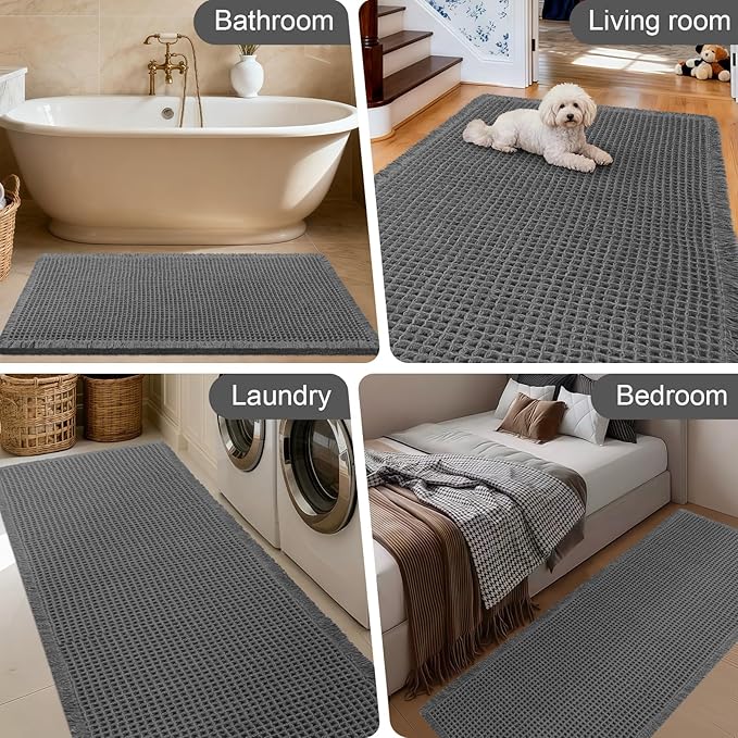 ACCUMTEK Extra Large Waffle Bath Mat, 6'x2' Grey, Super Absorbent Non-Slip Quick Dry Bathroom Rugs with Tassels, Machine Washable Ultra Soft Boho Bath Rugs for Floor, Toilet Mats Boho Farmhouse Decor