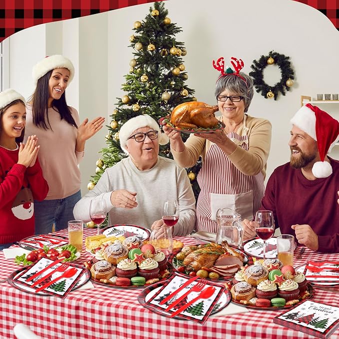 Havawish 175 Pcs Christmas Party Supplies Christmas Tree Disposable Tableware Set Red Black Buffalo Plaids Oval Paper Plates Cups Napkins Fork Knife Spoon for Xmas Holiday Party Table Decorations
