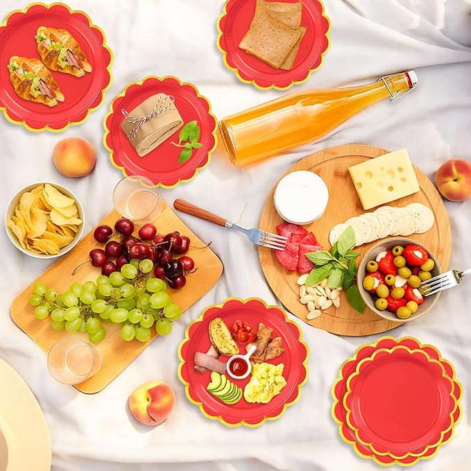 50 Pcs Red Paper Plates, 25 Pcs 9" and 25 Pcs 7" Disposable Christmas New Years Scalloped Plates with Gold Foil for Graduation Wedding Baby Shower Birthday Party Picnic BBQ