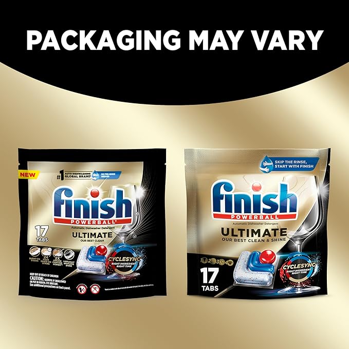Finish Ultimate Dishwasher Pods, No Pre-Rinse Dishwasher Detergent Soap Removes Burnt-On Stain, with CycleSync Technology, Degreasing & Scrubbing Power, 17 Count