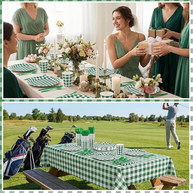 NatNarr 175 Pcs Gingham Party Supplies Include Green Gingham Plates and Napkins Cups Plastic Cutlery Disposable Green Checkered Plates Set for St Patricks Day, Picnic, Baby Shower, Golf Party