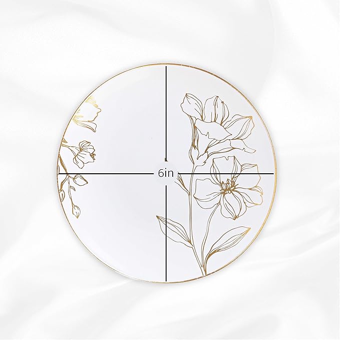 PLASTICPRO White Plastic Floral Design Party Plates With Gold Rim Premium heavyweight Elegant Disposable Tableware Dishes (120, 6'' INCH PLATES)