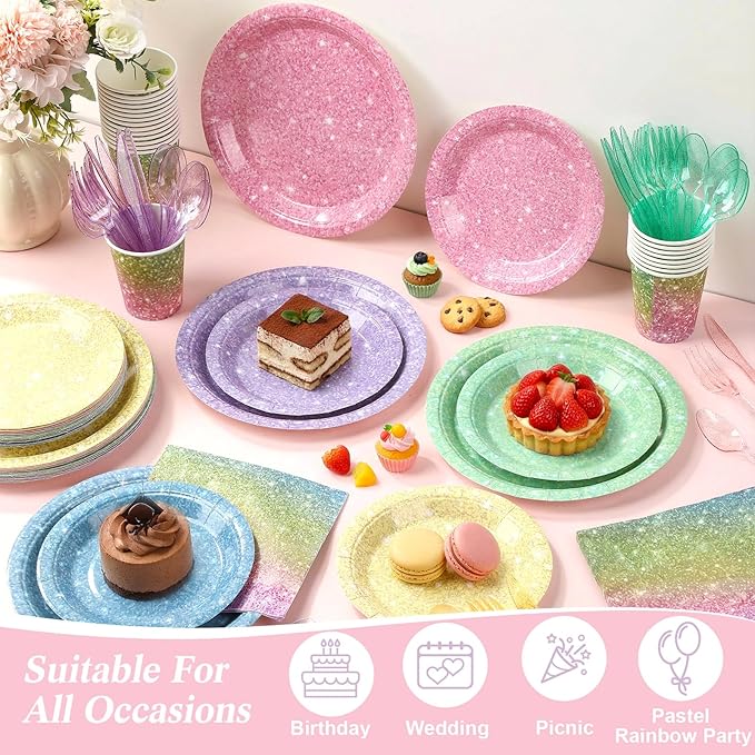 Hushee 350 Pcs Pastel Rainbow Holographic Print Party Supplies Guests Disposable Dinnerware Set Include Paper Plates, Napkins, Cups, Plastic Cutlery for Wedding Birthday Disco Bachelorette
