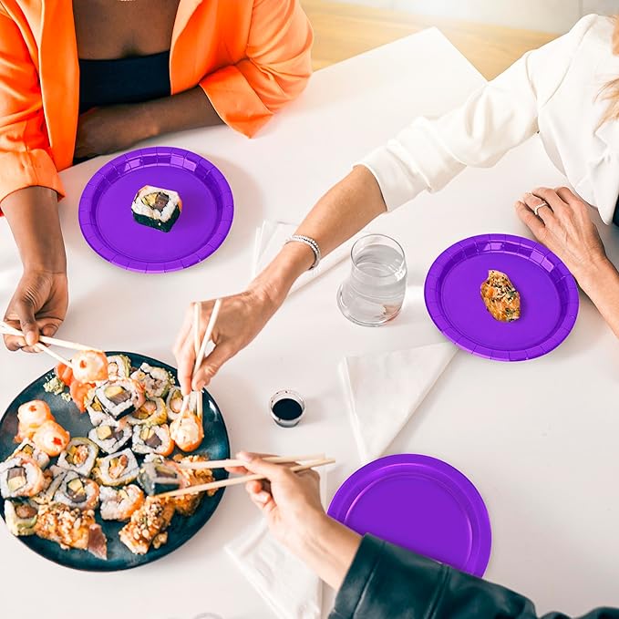 QZYL Paper Plates 7 Inches 50 Count, Disposable Plates Heavy Duty, Purple Party Dessert Plates, Disposable Paper Dinnerware, Small Paper Plates for Birthday Halloween Graduation Bridal Party Supplies