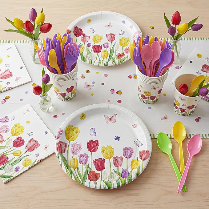 Havawish 350 Pcs Floral Party Supplies Tulip Disposable Tableware Set Tulip Oval Paper Plates Cups Napkins Fork Knife Spoon Dinnerwares for 50 Guests Baby Shower Wedding Birthday Party Decorations