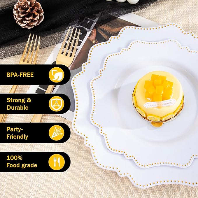 COLOSUS 60pcs White and Gold Disposable Plastic Plates Set, Gold White Party Plates, 30pcs Dinner Plates and 30pcs Salad/Dessert Plates for Wedding, Party, Anniversary, Daily Use
