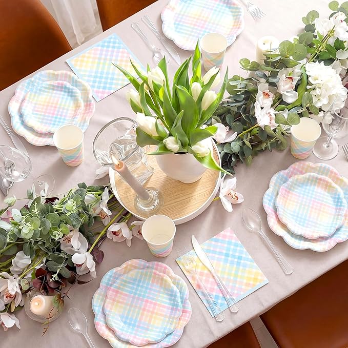 FillTouch 50 Sets Pastel Gingham Disposable Tableware Pastel Paper Plates Cups Napkins Clear Knives Forks Spoons for Birthday Baby Shower Wedding Party Decoration