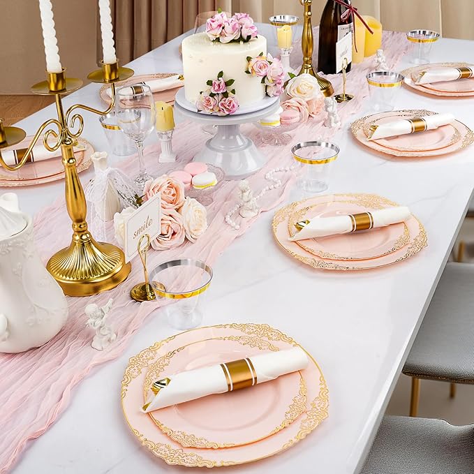 Realluck 350 PCS Pink and Gold Plastic Plates, Plastic Dinnerware Set for 50 Guests, 100 Disposable Plates, 150 Silverwares, 50 Cups, 50 Napkins for Party, Wedding, Graduation
