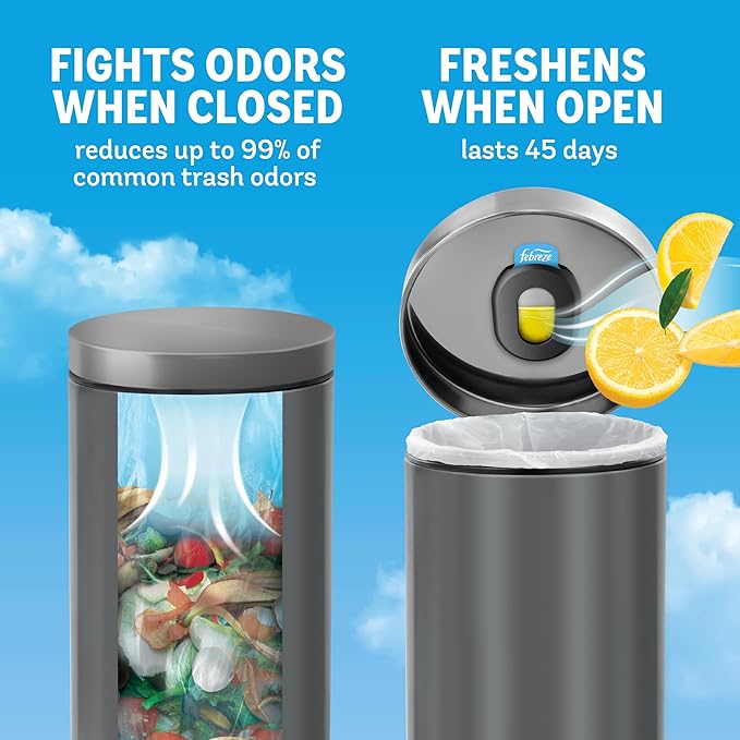 Febreze Trash Odor Fighter, Trash Can Air Freshener, Stick-On Deodorizer for Garbage Cans, Diaper Pails, Works with Scented Trash Bags, Fresh Lemon and Linen & Sky Scents, 2 Holders + 2 Refills