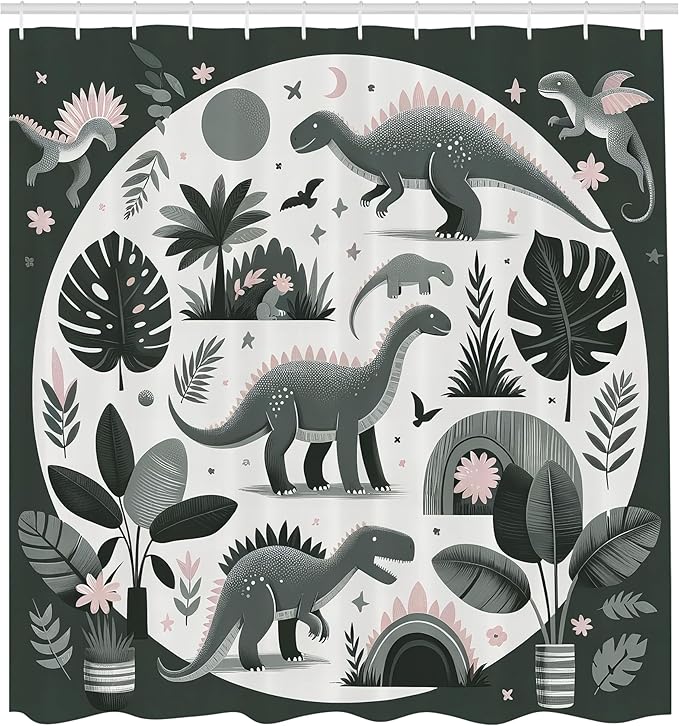 Ambesonne Dinosaur Shower Curtain, Dreamy Exotic Monstera Leaves and Jurassic Animals with Flowery Joy, Cloth Fabric Bathroom Decor Set with Hooks, 69" W x 84" L, Grey Teal Off White Rose