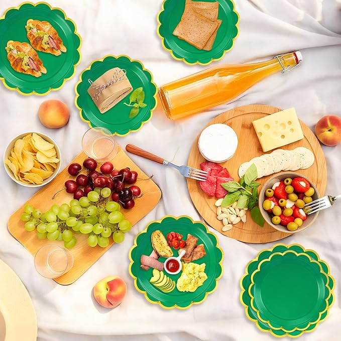 50 Pcs Green Paper Plates, 25 Pcs 9" and 25 Pcs 7" Disposable Green Scalloped Plates with Gold Foil for Graduation Wedding Christmas Baby Shower Birthday Party Picnic BBQ
