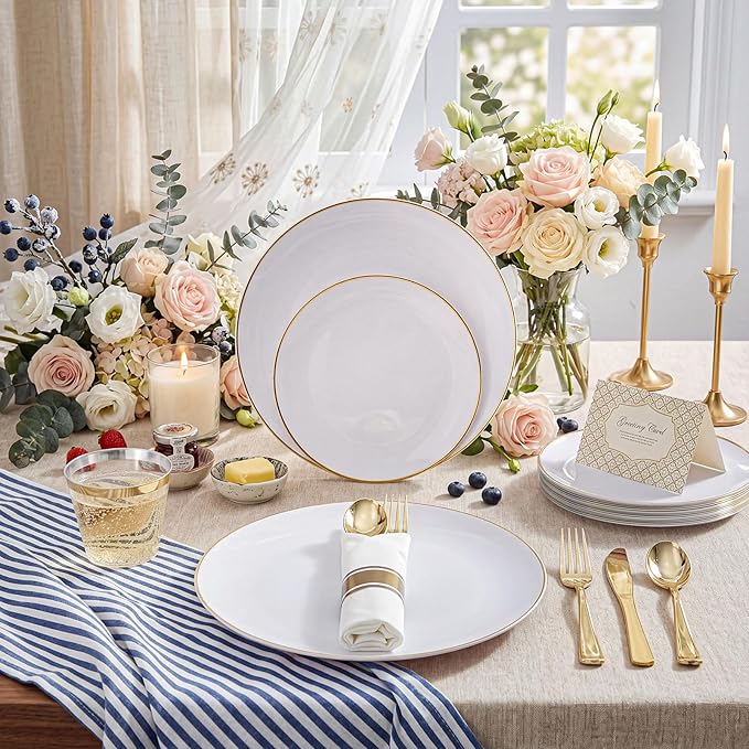 KIRE 200PCS Gold Plastic Plates - Disposable Plates for Party - White Plastic Plates with Gold Rim Include 100 for Dinner and 100 for Dessert/Salad in Wedding/Party/Spring/Graduation