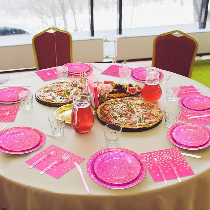 Hushee 350 Pcs Hot Pink Holographic Print Party Supplies Guests Disposable Dinnerware Set Include Paper Plates, Napkins, Cups, Plastic Cutlery for Wedding Birthday Disco Bachelorette