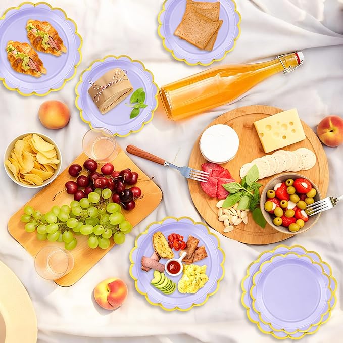 50 Pcs Light Purple Paper Plates, 25 Pcs 9" and 25 Pcs 7" Disposable Light Purple Scalloped Plates with Gold Foil for Graduation Wedding Baby Shower Birthday Party Picnic BBQ