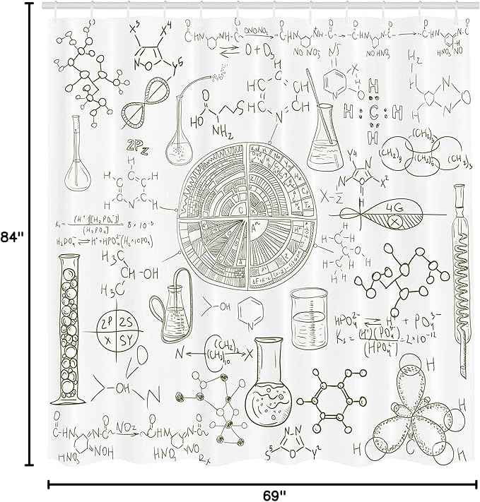 Ambesonne Science Shower Curtain, Science Theme Hand Drawn Style Chemistry Laboratory in a School Classroom of an Illustration, Cloth Fabric Bathroom Decor Set with Hooks, 69" W x 84" L, White Umber