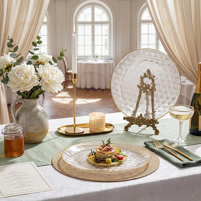 Festiva 60PCS Clear Gold Plastic Plates - Heavy Duty Fancy Disposable Plates With Gold Rim-serve for 30 guests Include 30PCS 10.25" & 30PCS 7.5" Honeycomb Design Plates for Party(Clear)