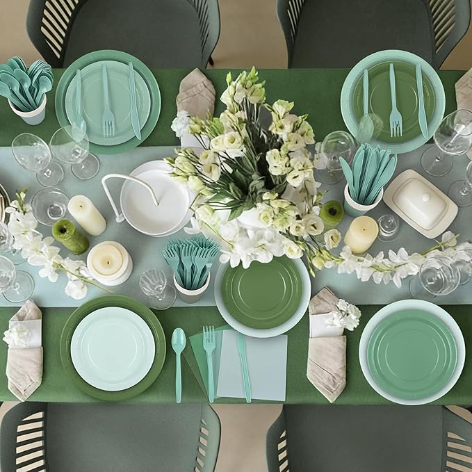 Kochorie 169 Pieces Sage Green Party Supplies Gradient Green Disposable Dinnerware Set Include Plates, Cups, Napkins Plastic Cutlery, Tablecloth for Wedding Birthday Party Decorations, Serve 24 Guests