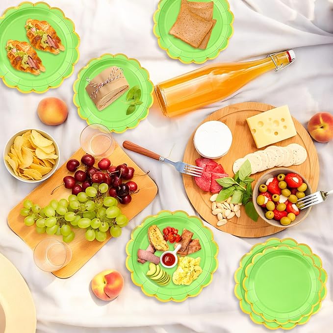 50 Pcs Lime Green Paper Plates, 25 Pcs 9" and 25 Pcs 7" Disposable Christmas Scalloped Plates with Gold Foil for Graduation Wedding Baby Shower Birthday Party Picnic BBQ