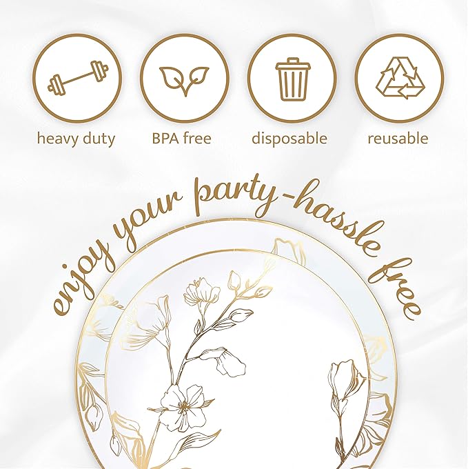 PLASTICPRO 64 Piece Combo Plates Set includes 32 7'' inch Plates & 32 10'' inch Plates White Plastic Floral Design Party Plates With Gold Rim, Premium Elegant, Disposable, Tableware, Dishes,