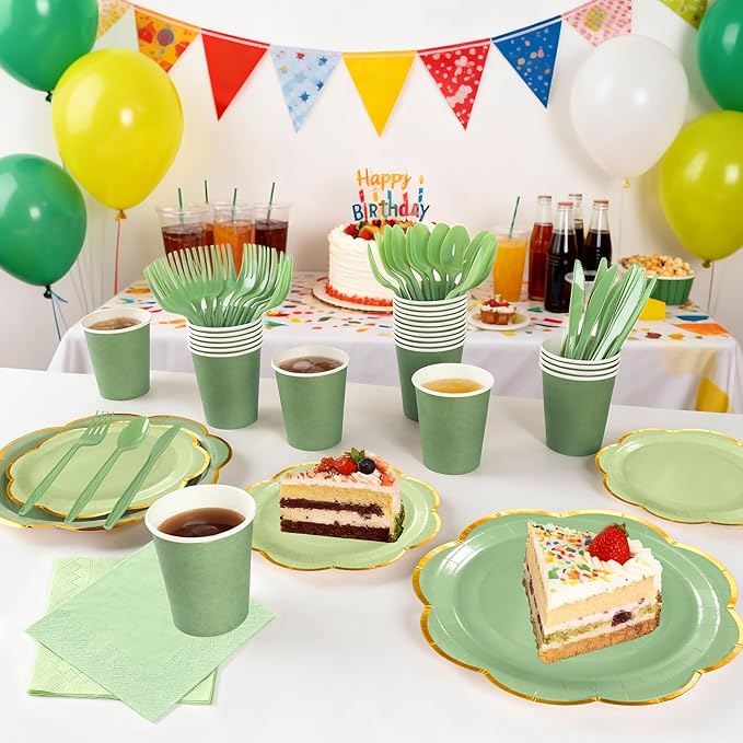 Sage Green Paper Plates and Napkins Party Supplies Serves 24,Green Scalloped Party Plates with Gold Rim,168Pcs Disposable Plates and cups and napkins sets for Spring Birthday Party Bridal Baby Shower