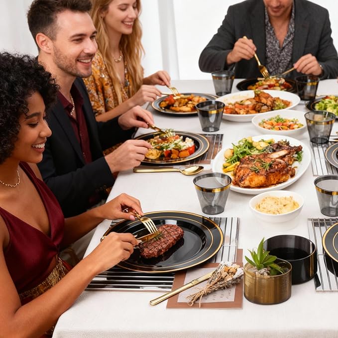 N9R 600PCS Black and Gold Plastic Dinnerware Set, Disposable Plastic Plates Includes 100 Dinner Plates, Dessert Plate, Cups, Spoons, Forks, Knives for 100 Guests, Perfect for Party, Wedding, Birthday