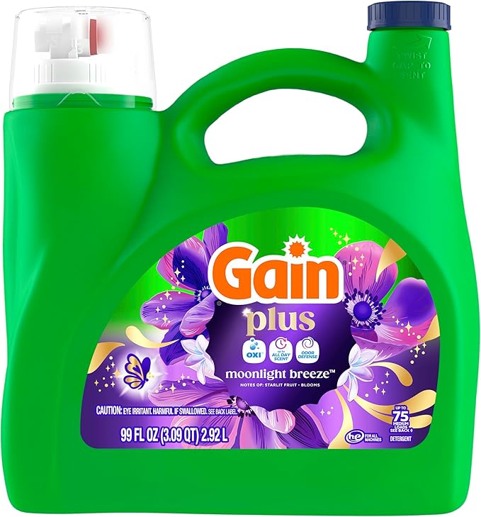 Gain Plus Liquid Laundry Detergent, Cleaner, Fresher, Now with Oxi, Moonlight Breeze Scent, 99 fl oz, 75 Loads