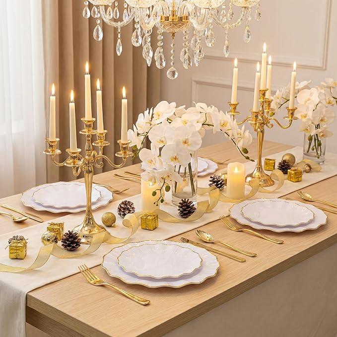 U-QE 150PCS White and Gold Plastic Plates with Gold Disposable Silverware for 30 Guests, Vintage White Plastic Plates Include 30 Dinner Plate,30 Dessert Plate,90 Cutlery for Bridal Shower, Party