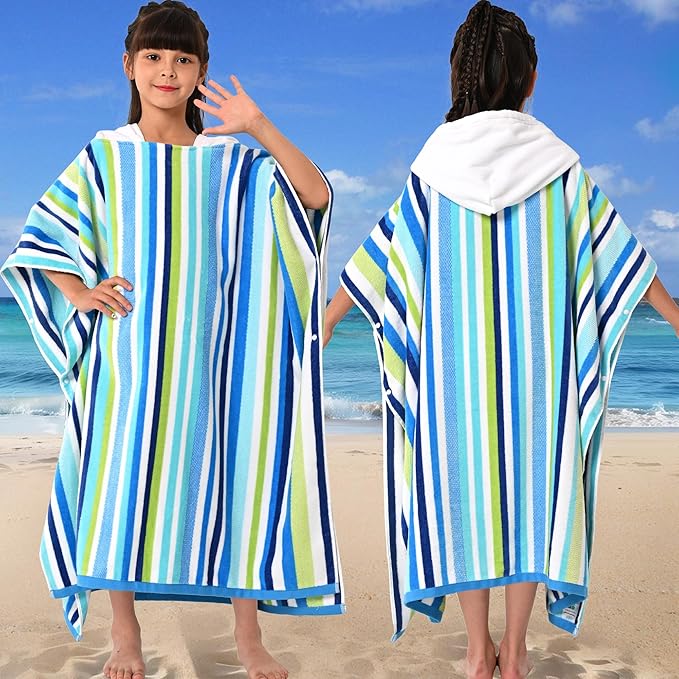 VOOVA & MOVAS Surf Poncho Towels for Teens (8-16Years), 100% Cotton Absorbent Thick Poncho Towel for Big Kids | Boys | Girls, Perfect for Pool, Beach, Bath, Blue Green White Stripe