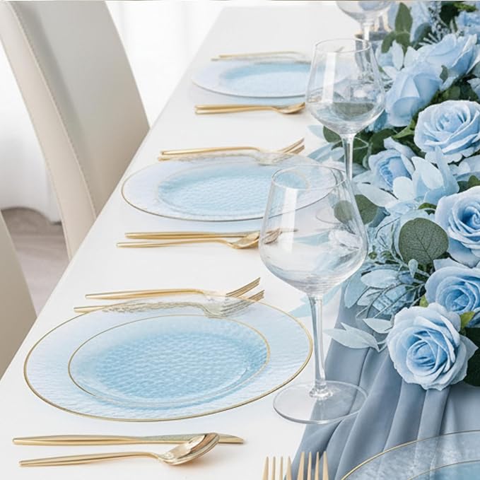 R-kay 100 Pack Blue Plastic Plates - 6 Inch Hammered With Gold Rim, Sturdy, Durable And Extra Heavy duty Blue Dessert Plates Disposable - Ideal For Appetizer And And For Desserts.