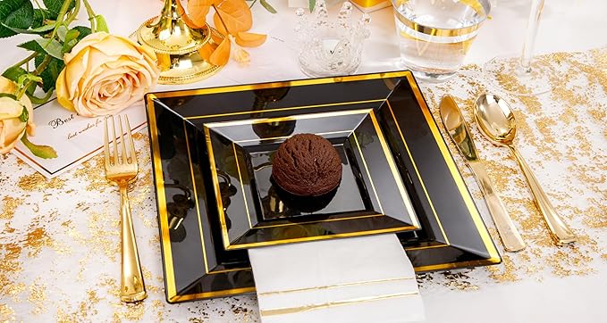 Festiva 350Pcs Black and Gold Plastic Plates-50Guests Disposable Square Black Dinnerware Set include 100 Plastic Plates,50Cups,150Plastic Cutlery,50Napkins for Birthday Party &Wedding&Graduation