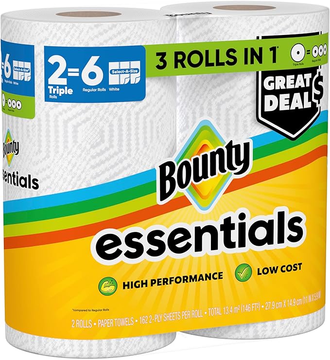 Bounty Essentials Select-A-Size Paper Towels, White, 2 Triple Rolls = 6 Regular Rolls (Packaging May Vary)