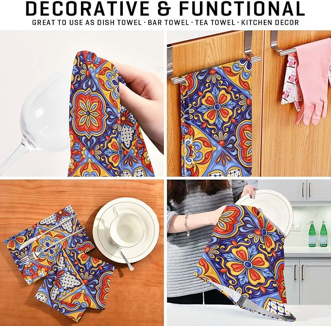STAYTOP Mexican Talavera Ceramic Tile Pattern Kitchen Towels Set of 4, Super Soft and Strong Absorption Multifunctional Table and Tea Towels, 28x18in