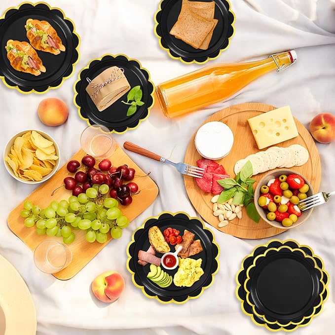 50 Pcs Black Paper Plates, 25 Pcs 9" and 25 Pcs 7" Disposable Halloween Scalloped Plates with Gold Foil for Graduation Wedding Baby Shower Birthday Party Picnic BBQ