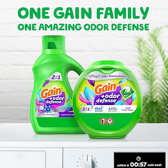 Gain Flings Laundry Detergent Pacs with Odor Defense, 60 Count, Super Fresh Blast Scent, HE 3in1 Detergent Pacs with Febreze and Oxi