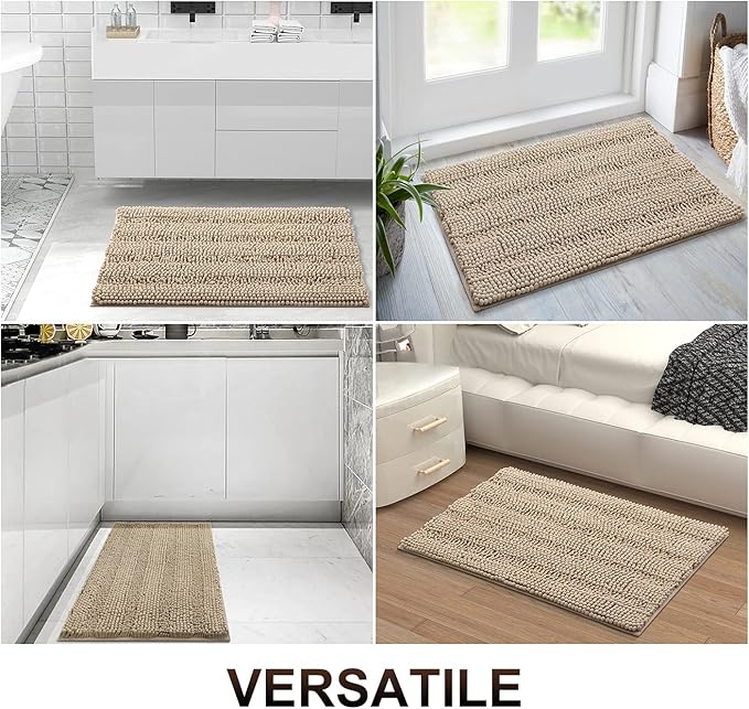 Grandaily Chenille Striped Bathroom Rugs 47x32, Extra Thick and Absorbent Bath Mats, Non-Slip Soft Plush Shaggy Shower Carpet, Machine Wash Dry, Bath Rug for Bathroom, Beige