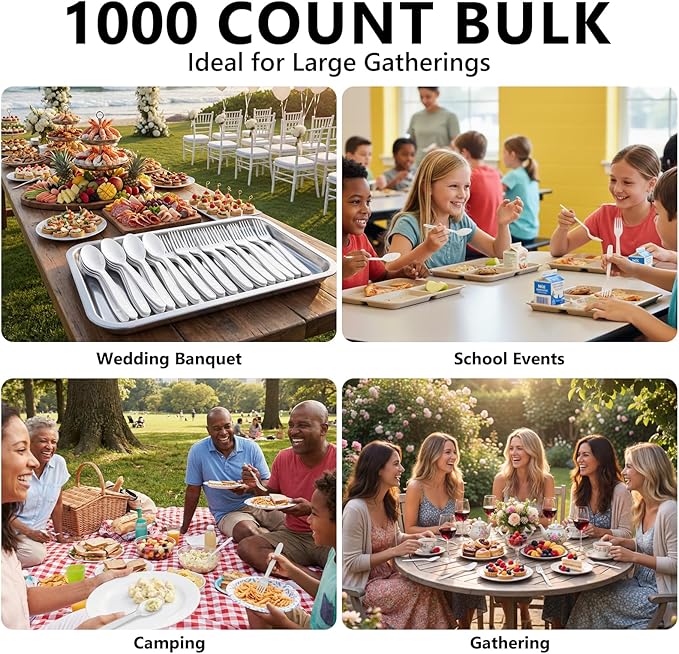 SACATR 1000 Count White Plastic Cutlery Set (500 Spoons 500 Forks) Heavy Duty Disposable Bulk Silverware for Restaurant Catering Events