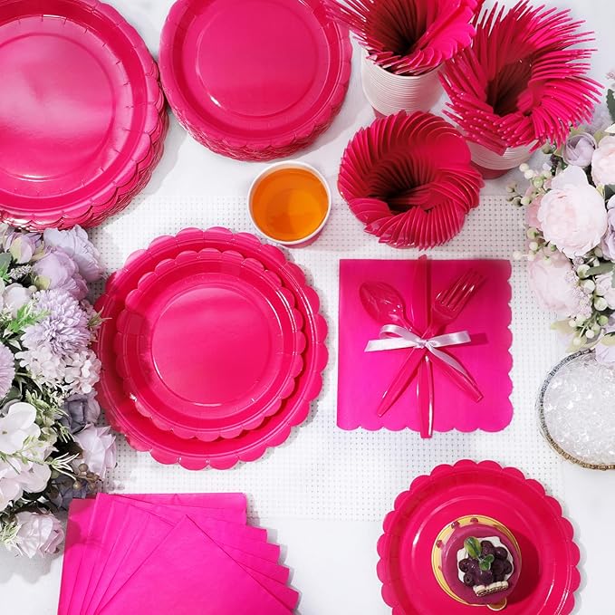 Ziliny 350 Pcs Hot Pink Plates and Napkins, 50 Guest Breast Cancer Awareness Party Supplies Include Scalloped Paper Plates Napkins Cups Plastic Spoons Forks Knives Disposable Tableware Set for Women