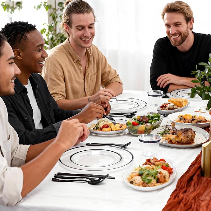 N9R 600PCS Clear and Black Disposable Plates Set, Heavy Duty Plastic Dinnerware Set for 100 Guests Includes 100 Dinner & Dessert Plates, Cups, Spoons, Forks, and Knives, Perfect for Parties, Weddings
